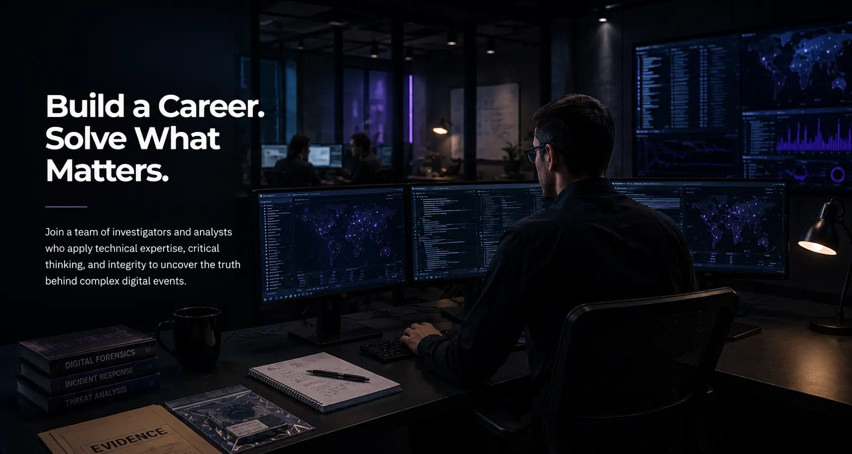 Digital forensics analyst working across multiple investigative systems in a dark cybersecurity operations environment.